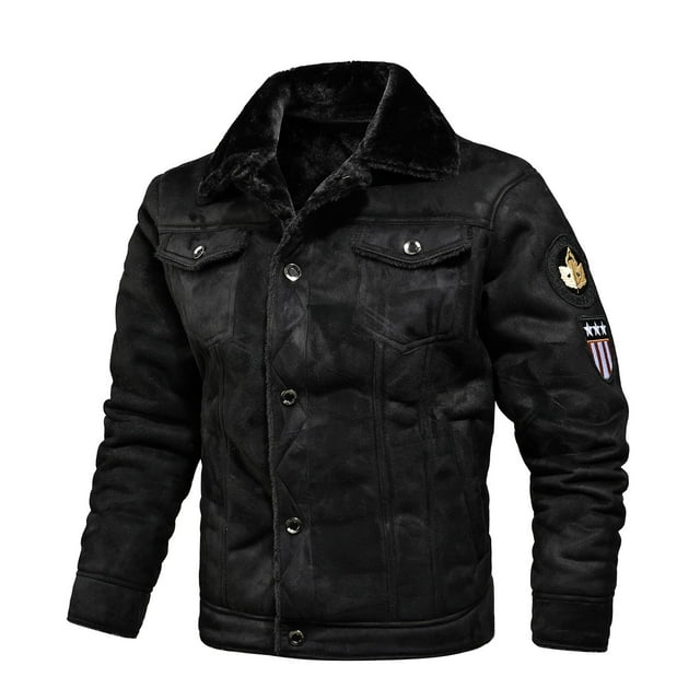 IROINNID Mens Motorcycle Reduced Casual Pure Color Turn-down Collar Down Button Cardigan Warm Cotton Jacket,Black