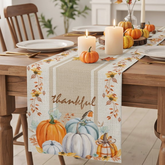 Kitchen Table Runner 108 Inches Long, Pumpkin Fall Thanksgiving Bird Cotton Linen Table Runners for Dining Tables Home Holiday Party Wedding, Watercolor Maple Leaf on Retro Linen Tabletop Scarf