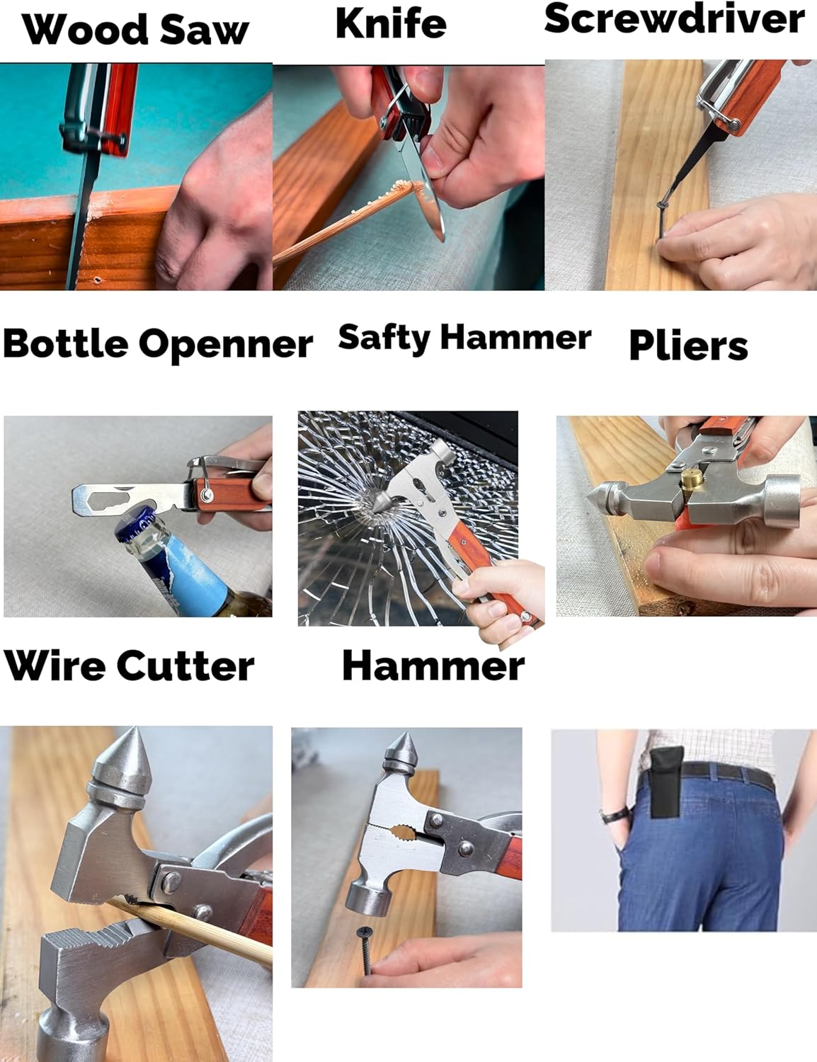 ABCISI Window Breaker, Multitool with 16-in-1 Survival Gear for Camping Hiking and DIY Jobs with Hammer, Plier, Pocket Knife, Bottle Opener, Wrench, Screwdriver