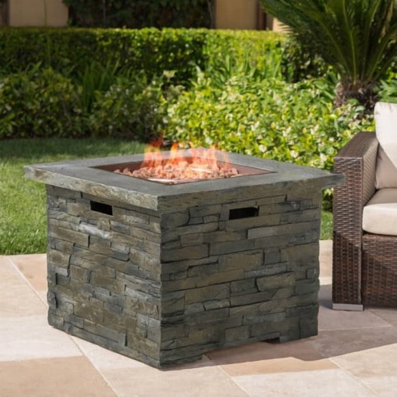 35" Square MGO Fire Pit Table, 40,000 BTU All-Weather Propane Fire Pit for Outdoor Patio, Natural Stone Finish Fire Pit with Lava Rocks, Portable Backyard Fireplace (Propane Tank Not Included)