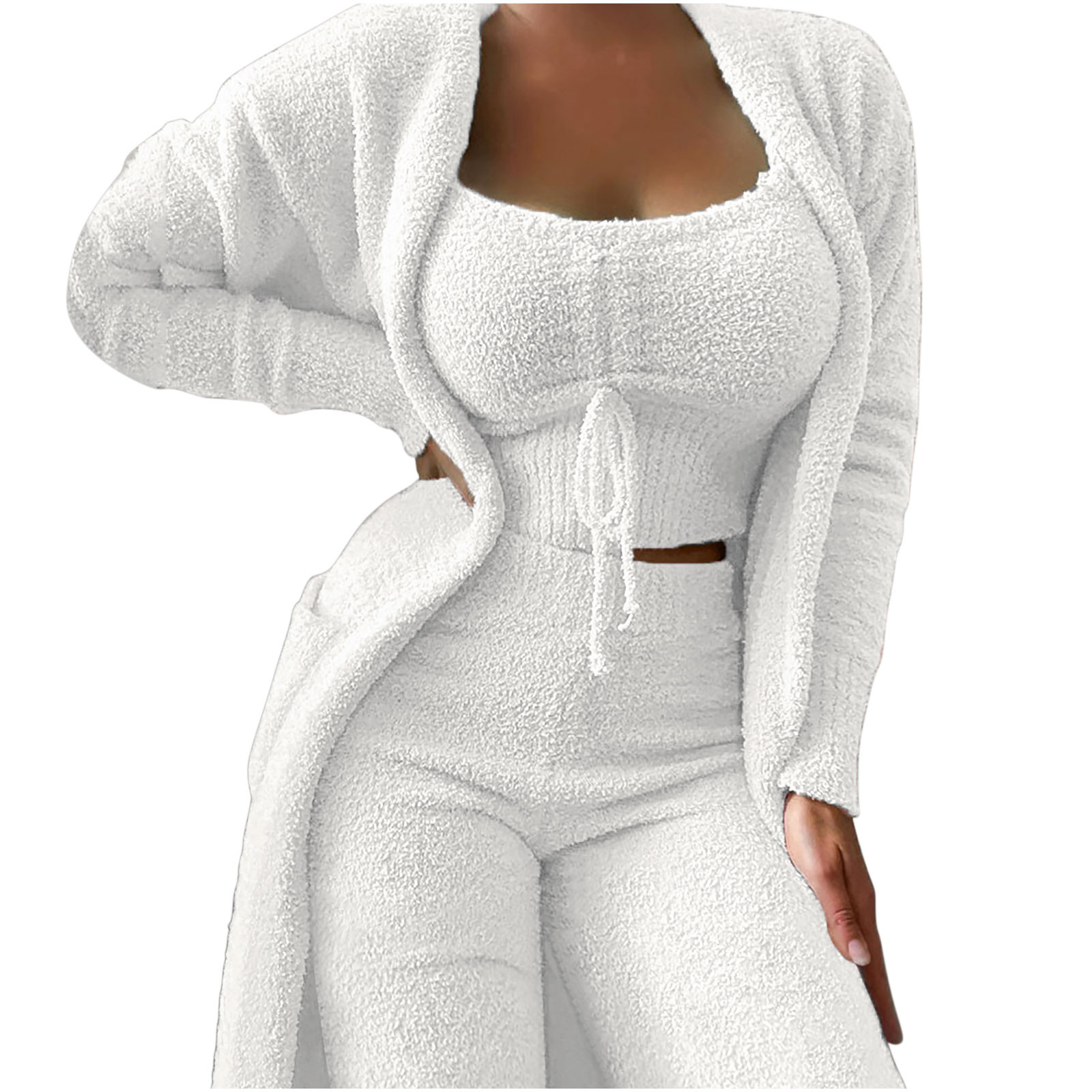SELONE Piece Outfits Plus Size Lounge Sets for Women Casual Solid Vests  And Long Sleeve Overcoat Tops And Long Pants Suits Pajamas 3-piece Set  33-White S