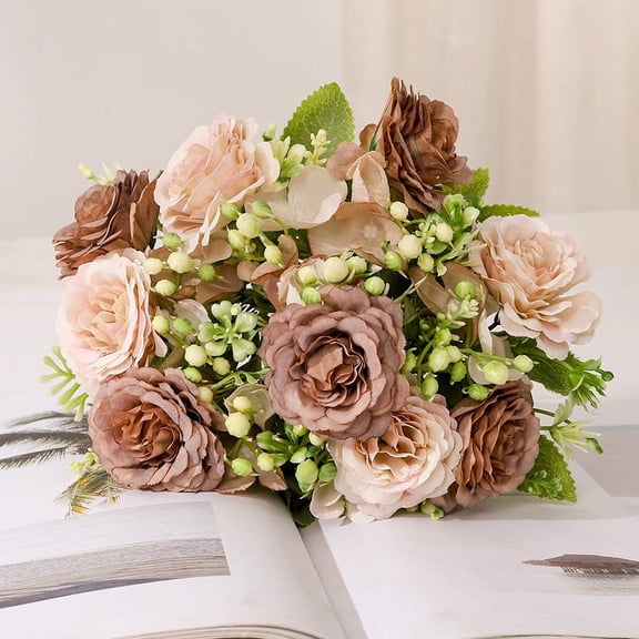 XmhyTop-A 3 Packs Artificial Rose Flowers Faux Flowers Silk Hydrangea Bouquet Vintage Wedding (Coffee)