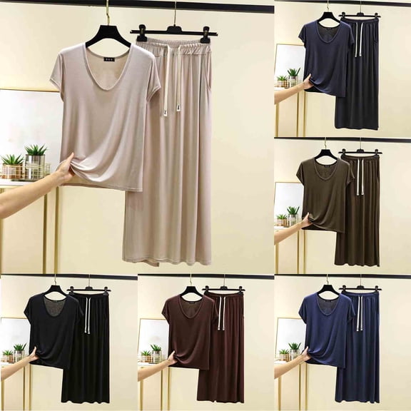 Paiwinds Women's Pajama Set - Short Sleeve Scoop Neck Top with Drawstring Skirt, Soft Cotton Blend Relaxed Home Wear