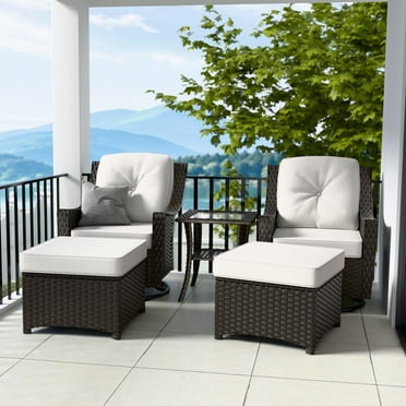 INTER HUT Stone Creek Patio Outdoor 5 Piece Wicker Conversation Swivel Chairs Set, Ottomans,Side Table, Beige Cushions