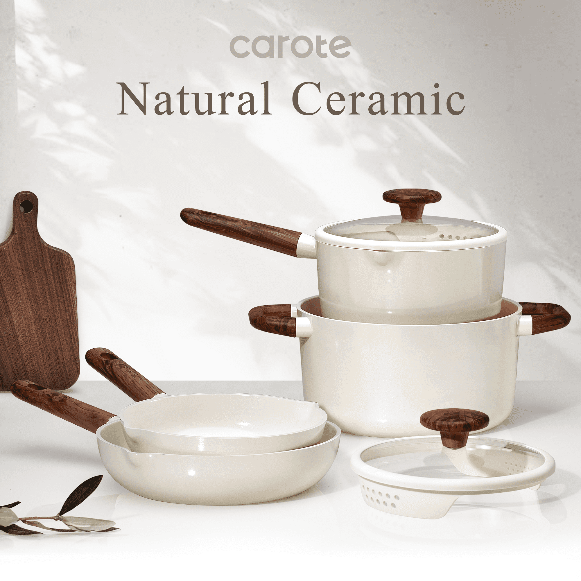 Carote 15-Piece Ceramic Cookware Set, Nonstick Pots and Pans with Steamer, Induction Compatible, White