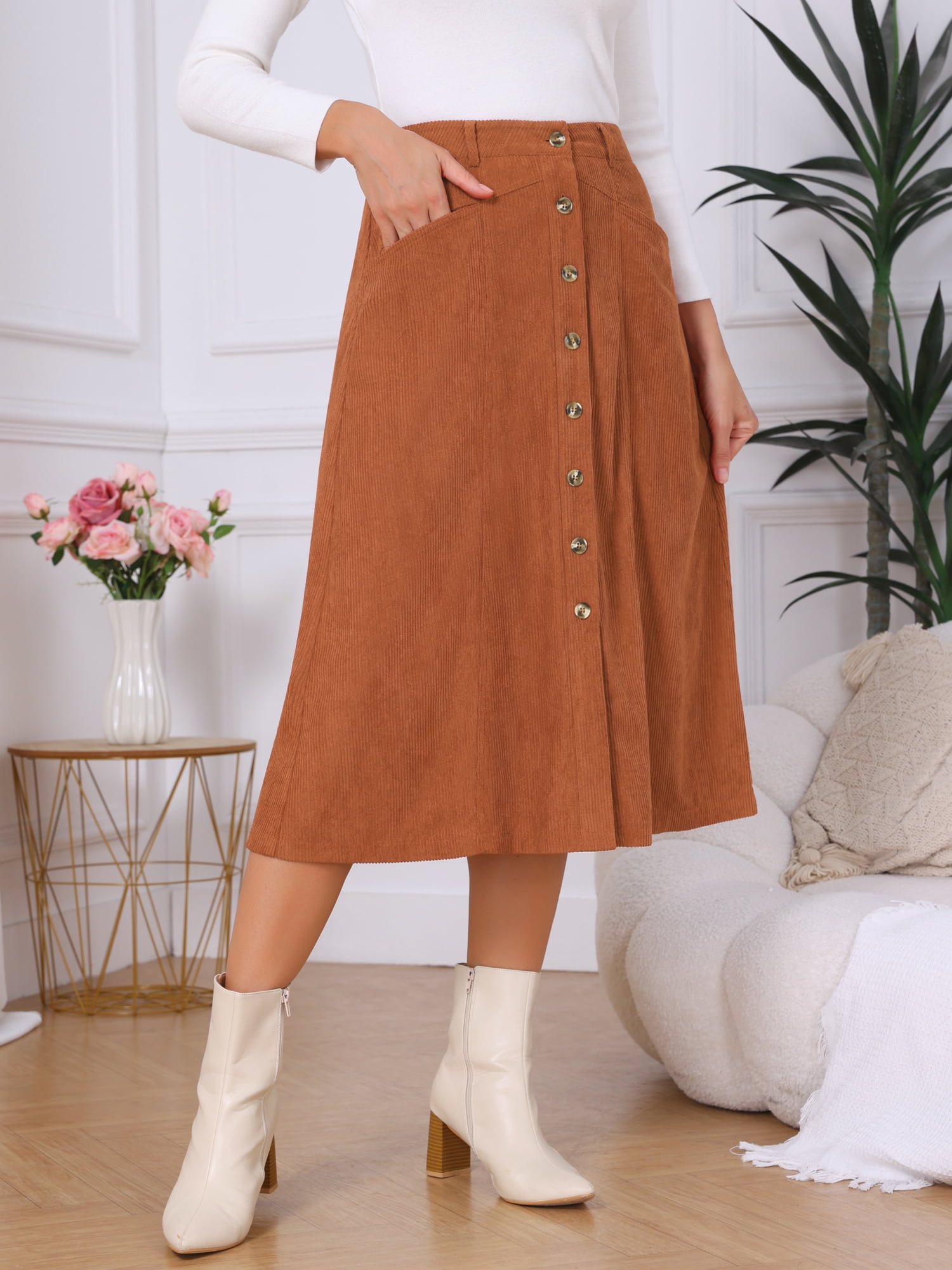 DARING DIVA Women's Corduroy A Line Midi Button Down Pockets Skirt XL Caramel