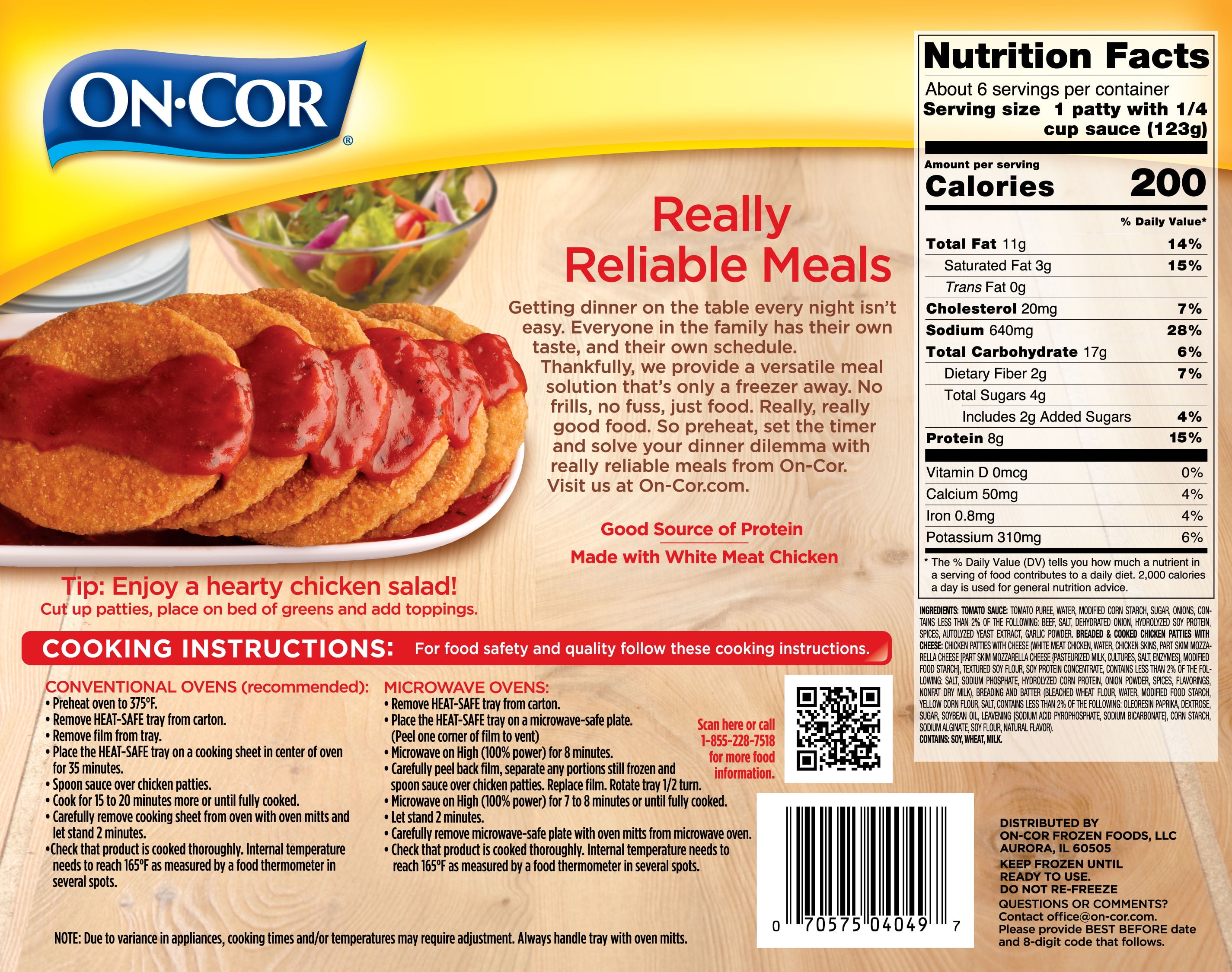 On-Cor Chicken Parmagiana with Tomato Sauce Packaged Meal, 26 oz, (Frozen)