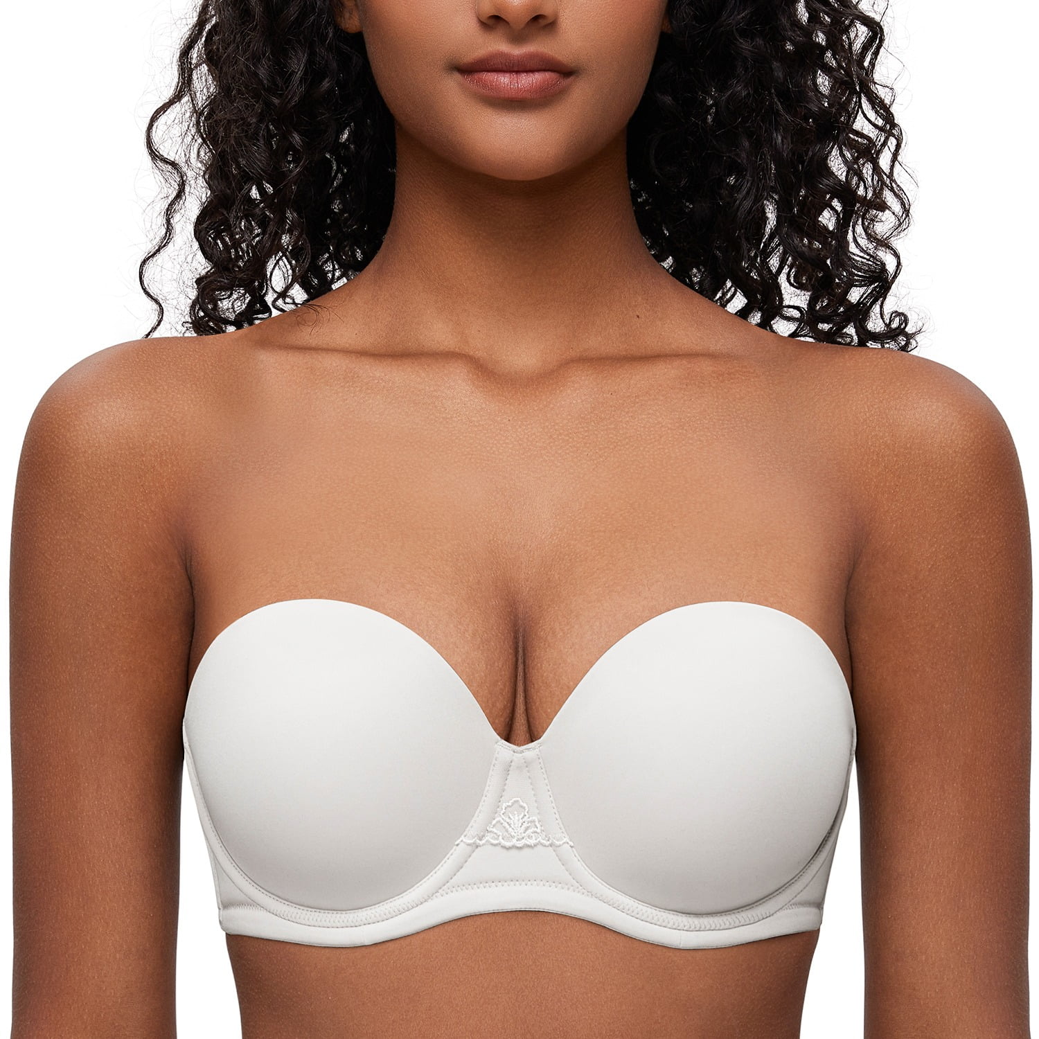 Deyllo Women's Push Up Strapless Bra Plus Size Lace Underwire Full Coverage  Multiway Invisible Bras,White 40DD 