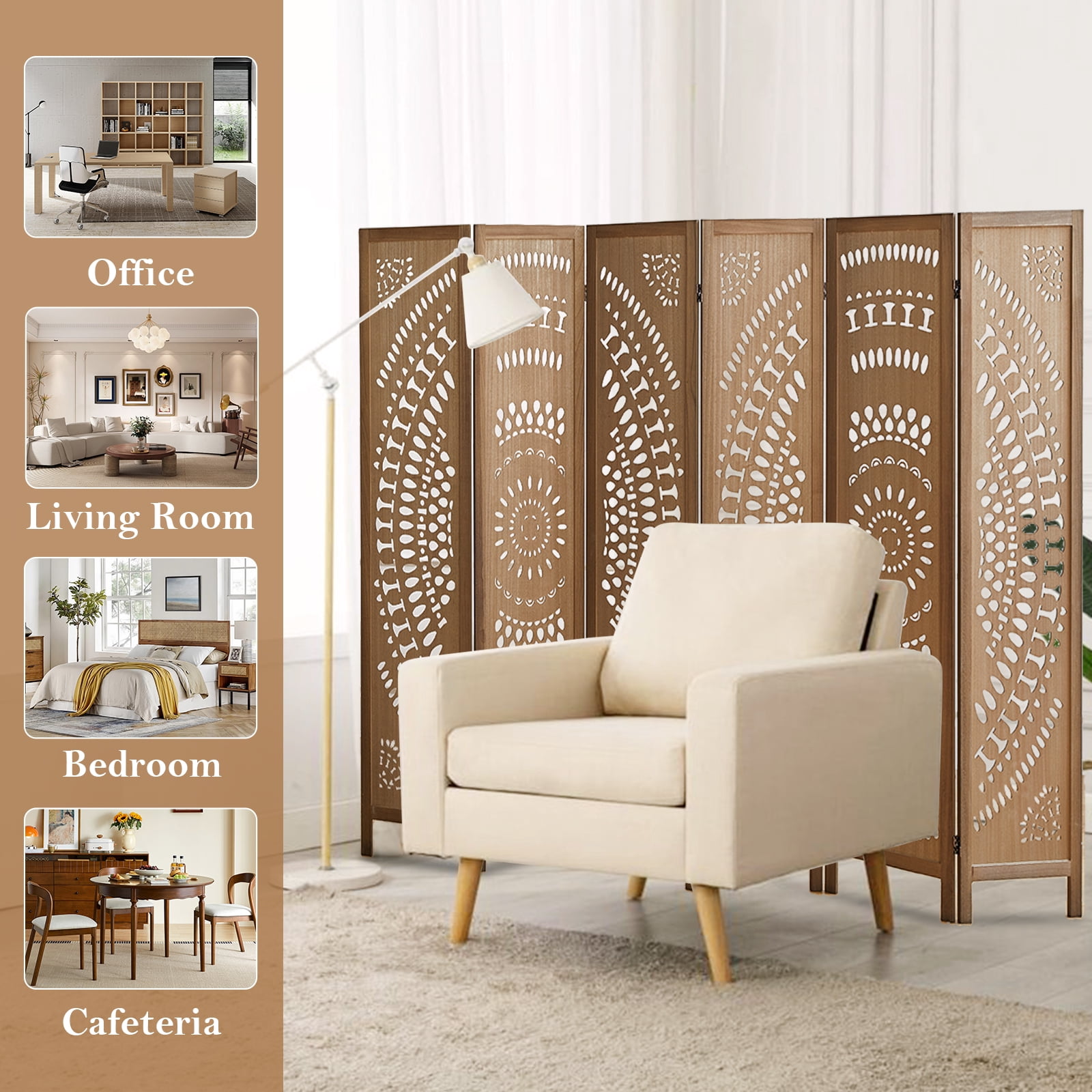 Aletheiawu 6 Panel Wood Carved Room Dividers and Folding Privace Screens, No Installation, Brown