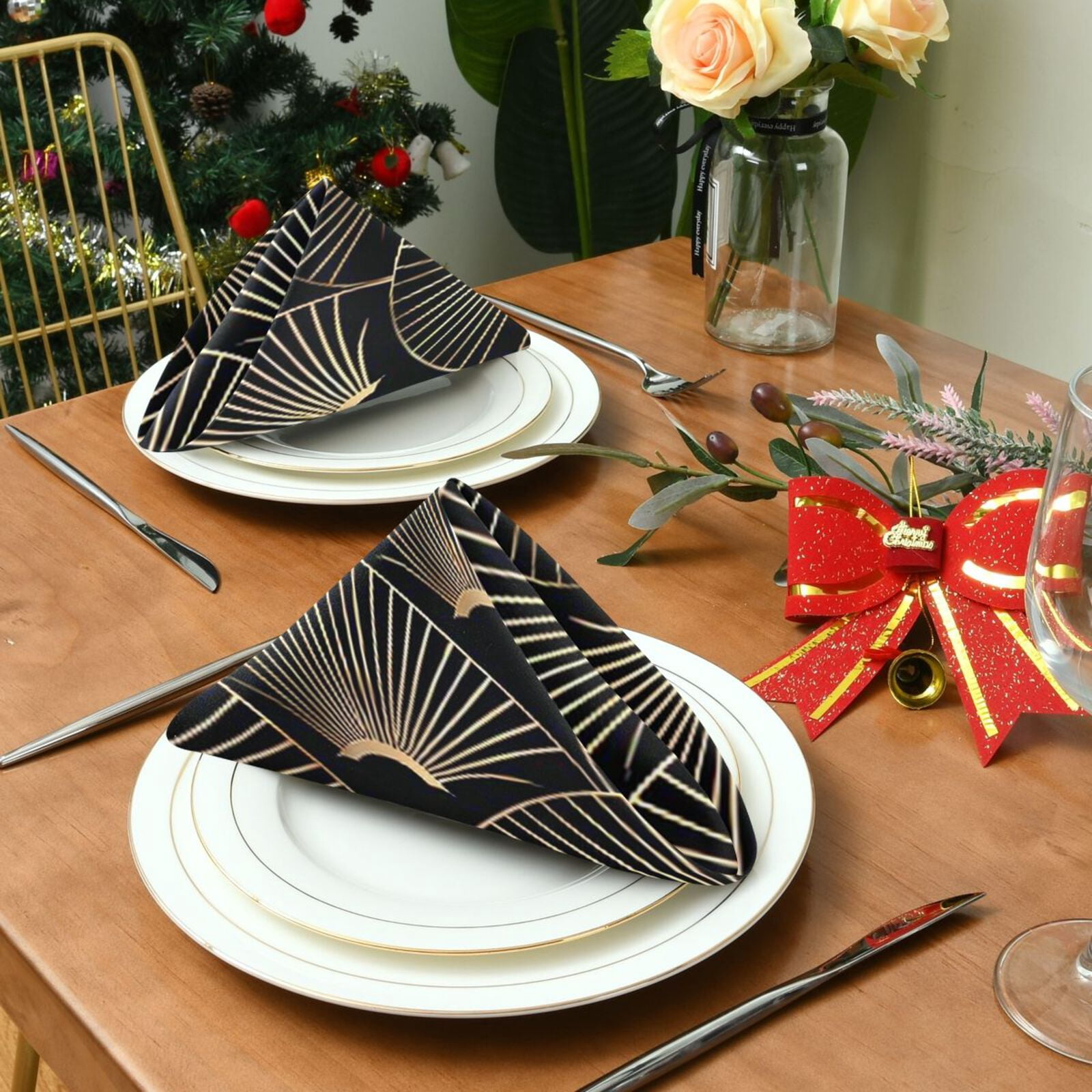 JSTEL Japanese Golden Fan Cloth Napkins Set of 6, 20x20 Inch Washable and Reusable Napkin for Decoupage Dinner Party Everyday Use