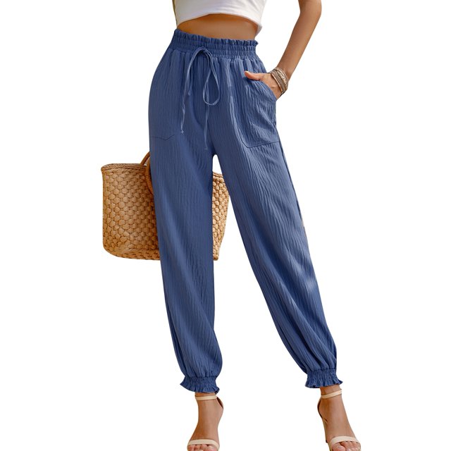 Pantalones largos de cintura alta para mujer, color puro, elásticos, 2 bolsillos, sencillos, cómodos, de color liso, con lazo en el tobillo, color azul L