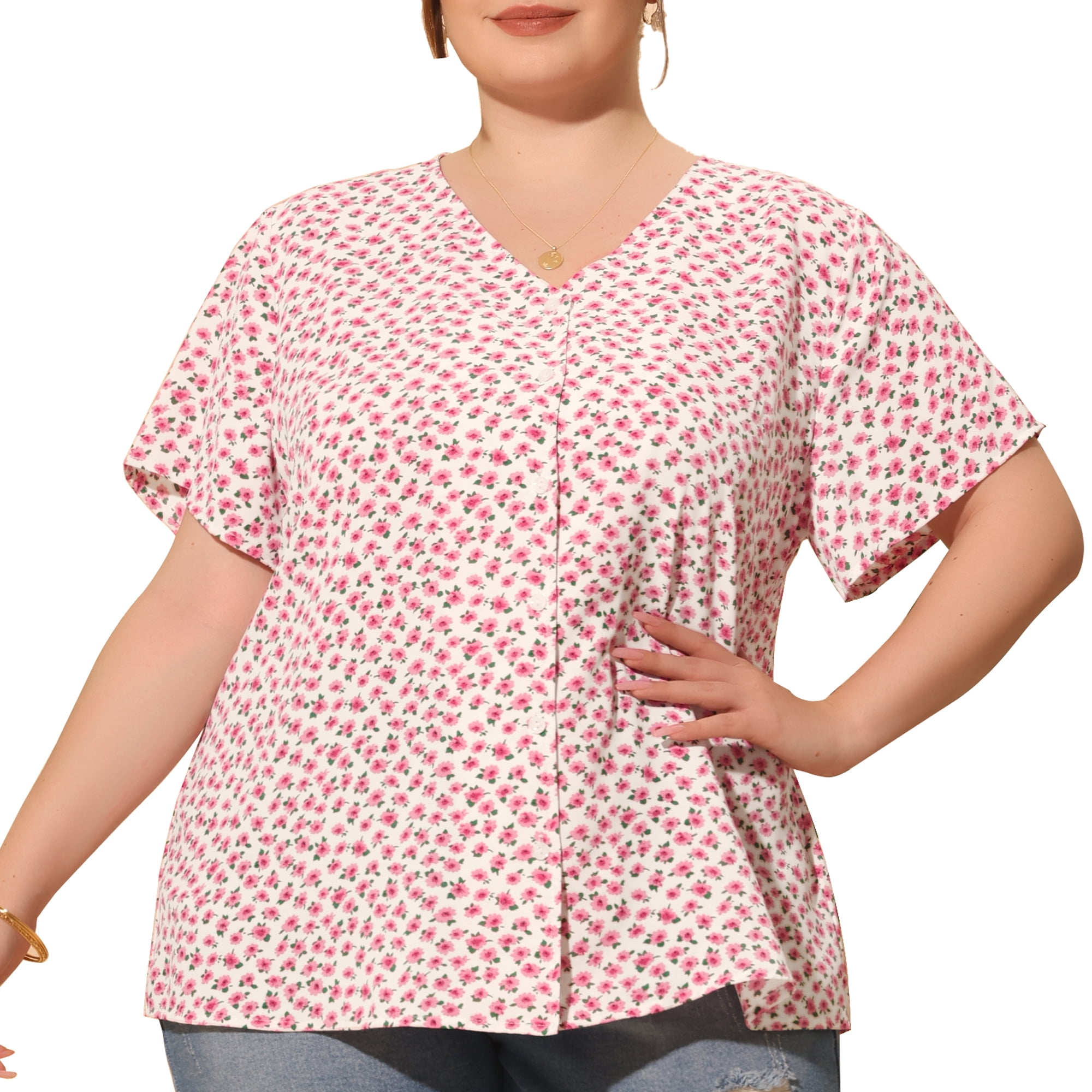 Unique Bargains Women's Plus Size V Neck Button Short Sleeve Floral Shirts 3X Pink