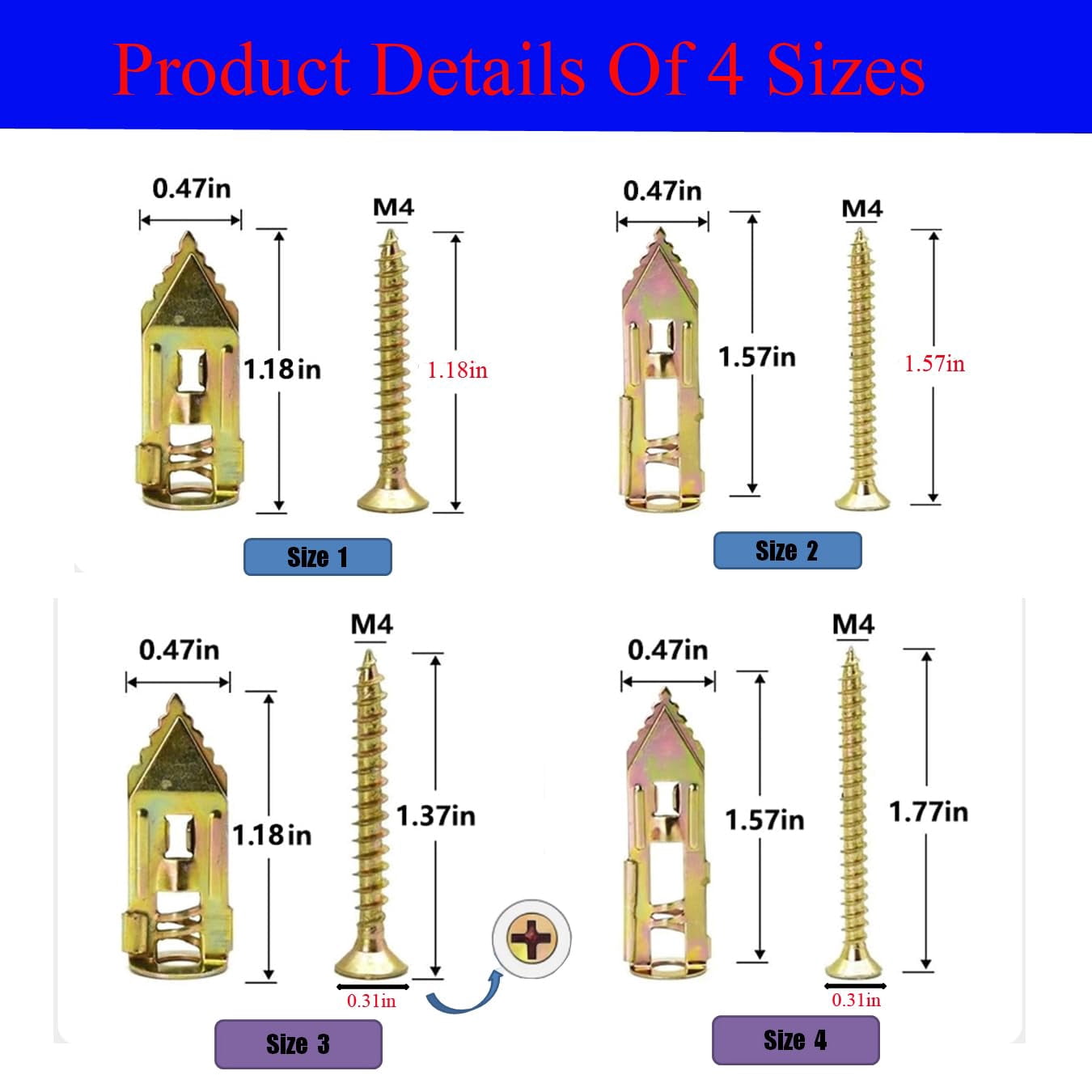 120pcs Self Drilling Drywall Anchors with Screws Kit, Zinc Plated Steel Ancors and Screws for Heavy Duty Cabinets, Shelves, Furniture, No Need to Drill Holes in Wall (3 Sizes)