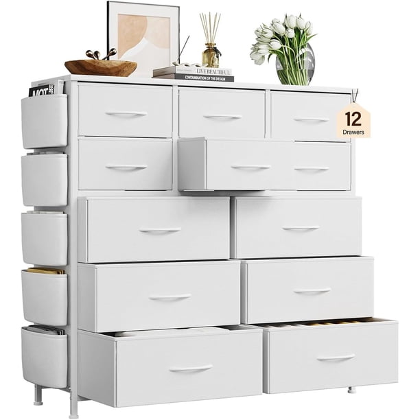 12 - cajón altura fabric cómoda side pockets y steel frame: space - saving vertical almacenamiento chest dormitorio, sala estar, hallway, entrada, y closet. durable y practical design in blanca