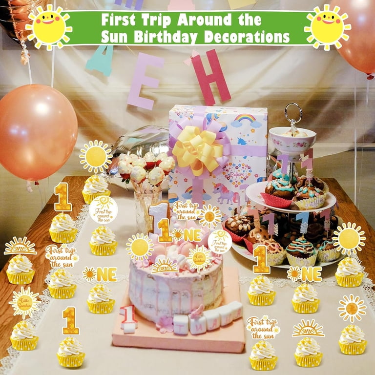 Space Theme Cake Topper Set - First Trip Around The Sun, Rocket, Astronaut & Moon Decorations