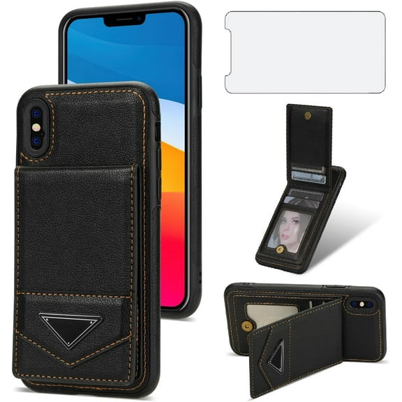 Phone Case for iPhone Xs Max Wallet Cover with Tempered Glass Screen Protector and RFID Slim Credit Card Holder Slot Stand Cell i X XR Xsmax 10x SX Xmax 10xs 10s 10 Plus Xmaxs Women Men Black