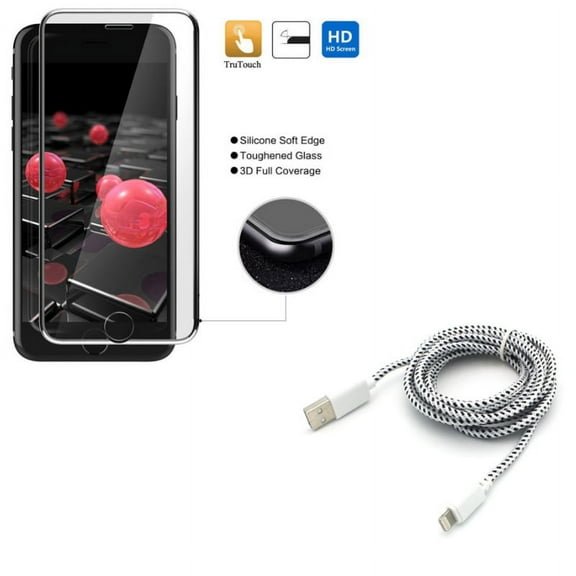 iPhone 8/7/6S/6 - Tempered Glass Screen Protector w Charger Cord 6ft USB Cable - 3D Curved Edge Full Cover HD Clear 9H Hardness, Power Wire Braided Long Sync for iPhone 8/7/6S/6