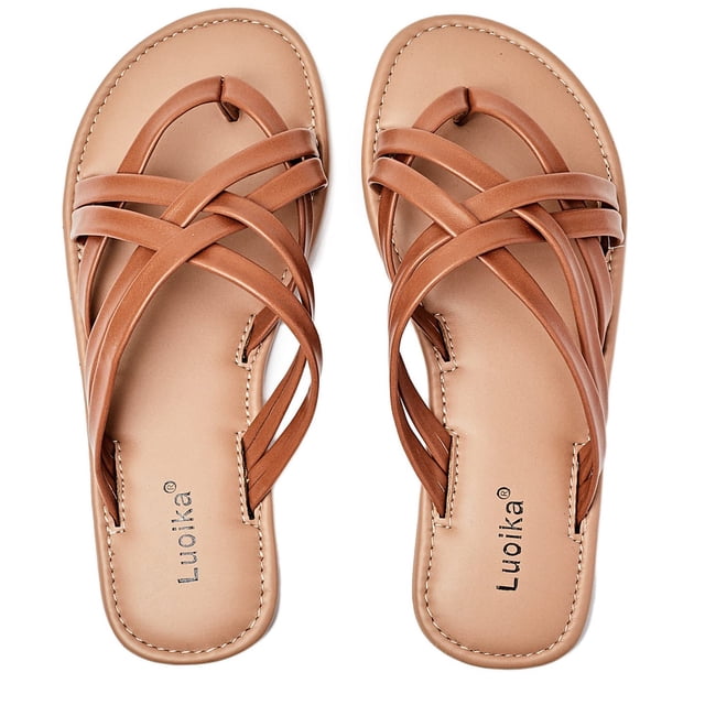 Sandalias planas Luoika para mujer, anchas, color canela, tamaño 11XW
