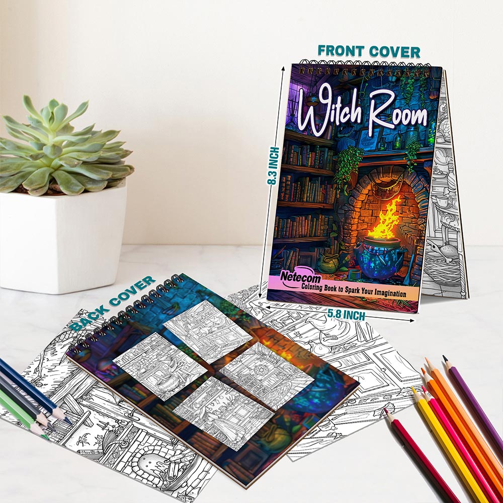 Netecom Witch Room Coloring Book for Adults, A5 Wooden Cover, 30 Magical Coloring Pages of Witchy Interiors Designs for Stress Relief and Relaxation, Spiral Bound Edition