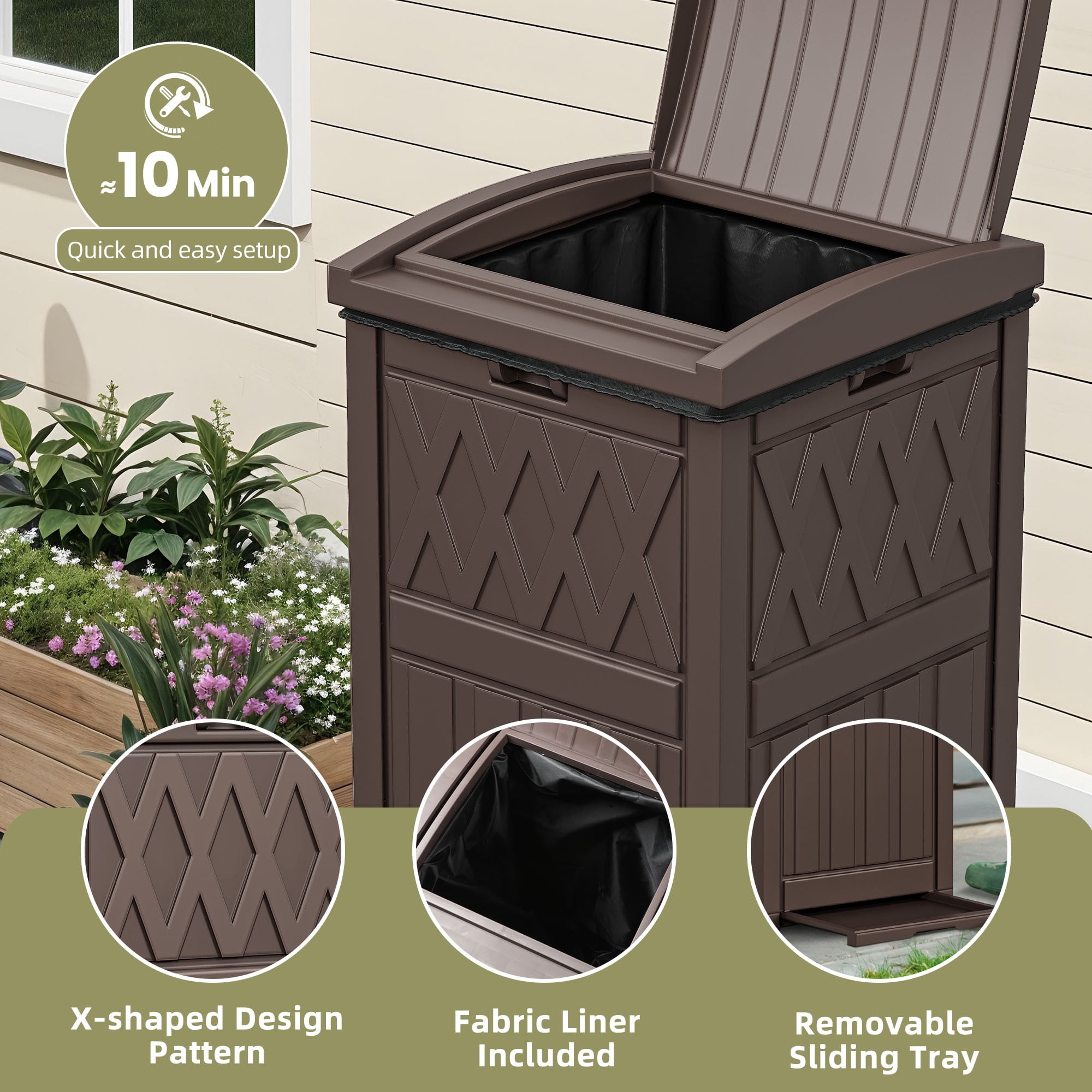 Uforic 32 Gallon Large Outdoor Trash Bin, Waterproof Garbage Can with Lid and Drip Tray for Porch, Backyard, Patio, Dark Brown