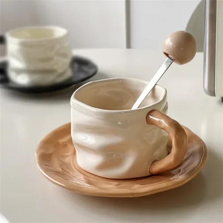 

230ml Ceramics Mug Exquisite Pleated design Ceramics Coffee Cup and Saucer Set European style Afternoon tea cup Romantic gift