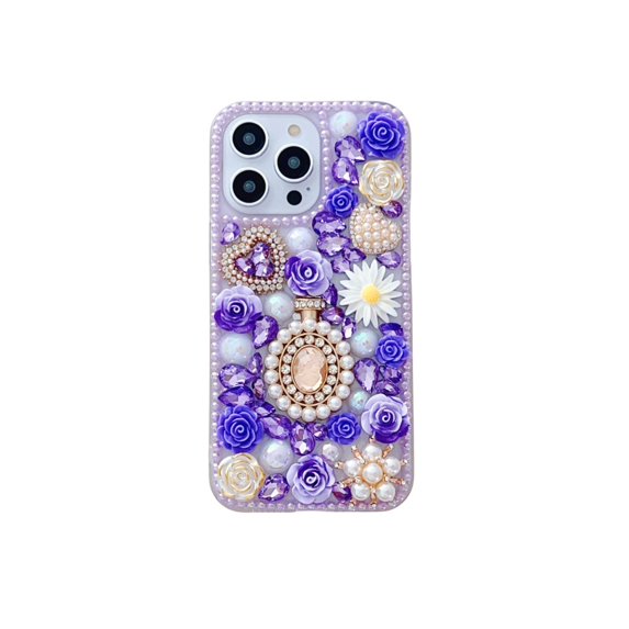 SaniMore Case for iPhone 13 Pro (6.1 inch 2021 Release), 3D Pearls & Flower Love Heart Backplane Luxury Sparkle Girly Elegant Protective Shockproof Anti-drop Silicone Clear For iPhone 13 Pro, Purple