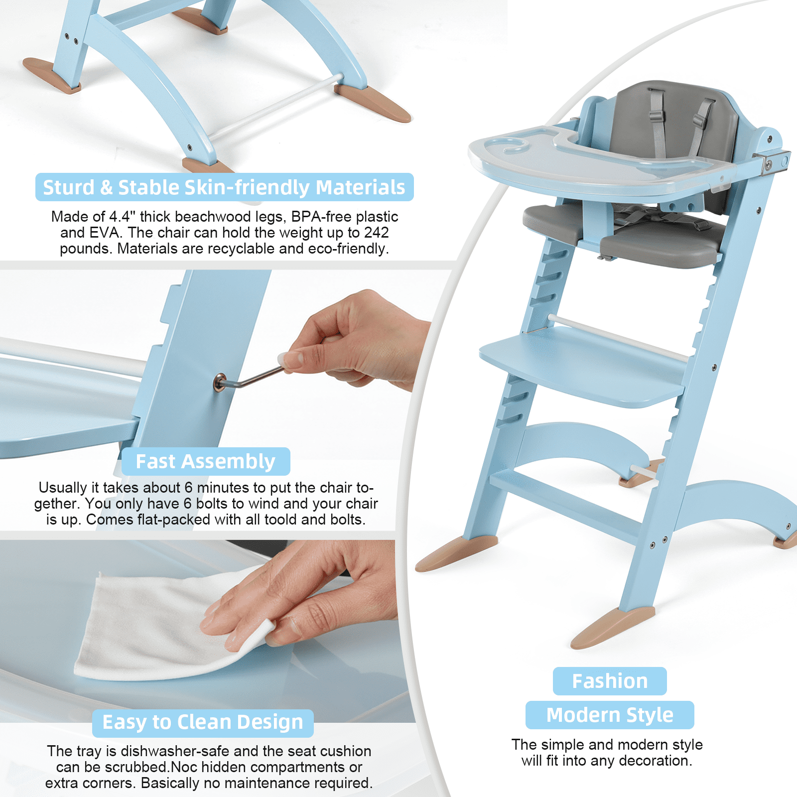 Cowiewie 3-in-1 Convertible Wooden Baby High Chair, 10-Level Height, 2-Tier Removable Tray, 2 Waterproof Cushions for Babies & Toddlers