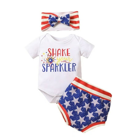 

Baby Girls Fourth of July Outfits Short Sleeve Firework Letter Print Romper + Shorts + Headband Set