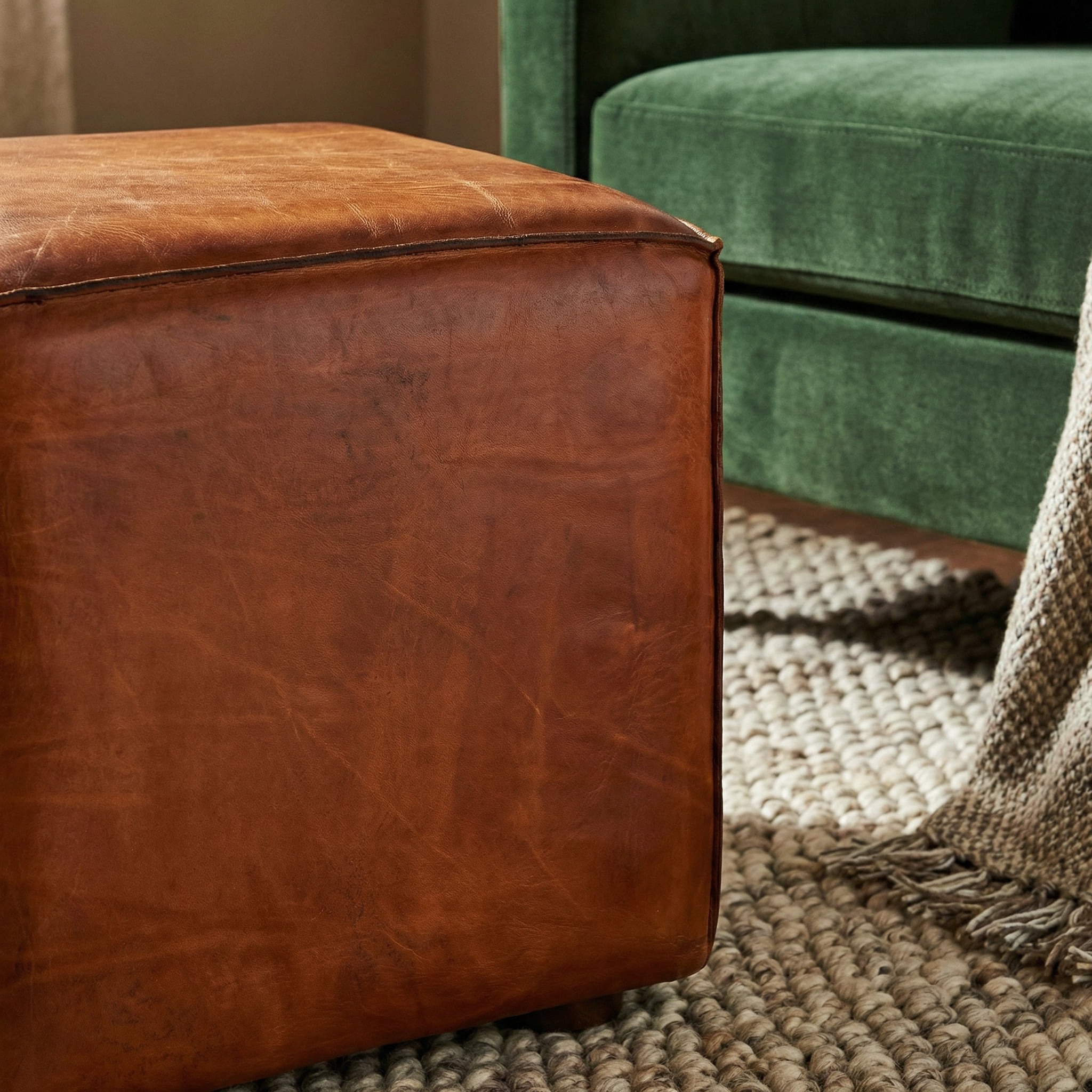 Bare Decor Sands Genuine Leather Cube Ottoman, Saddle Brown