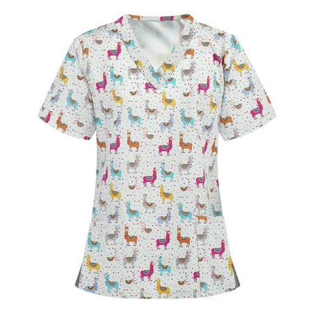 

CYMMPU Short Sleeve Scrub_Tops Clearance Women s Shirts Summer Tunic Fashion Nurse Uniform Workwear V-Neck Working Uniform Trendy Clothing Retro Floral Printed Pattern White M