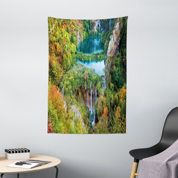 Fall Decor Tapestry, Scenic Fall Valley in Mountains of Plitvice Lakes National Park Croatia, Wall Hanging for Bedroom Living Room Dorm Decor, 40W X 60L Inches, Green Blue Orange, by Ambesonne