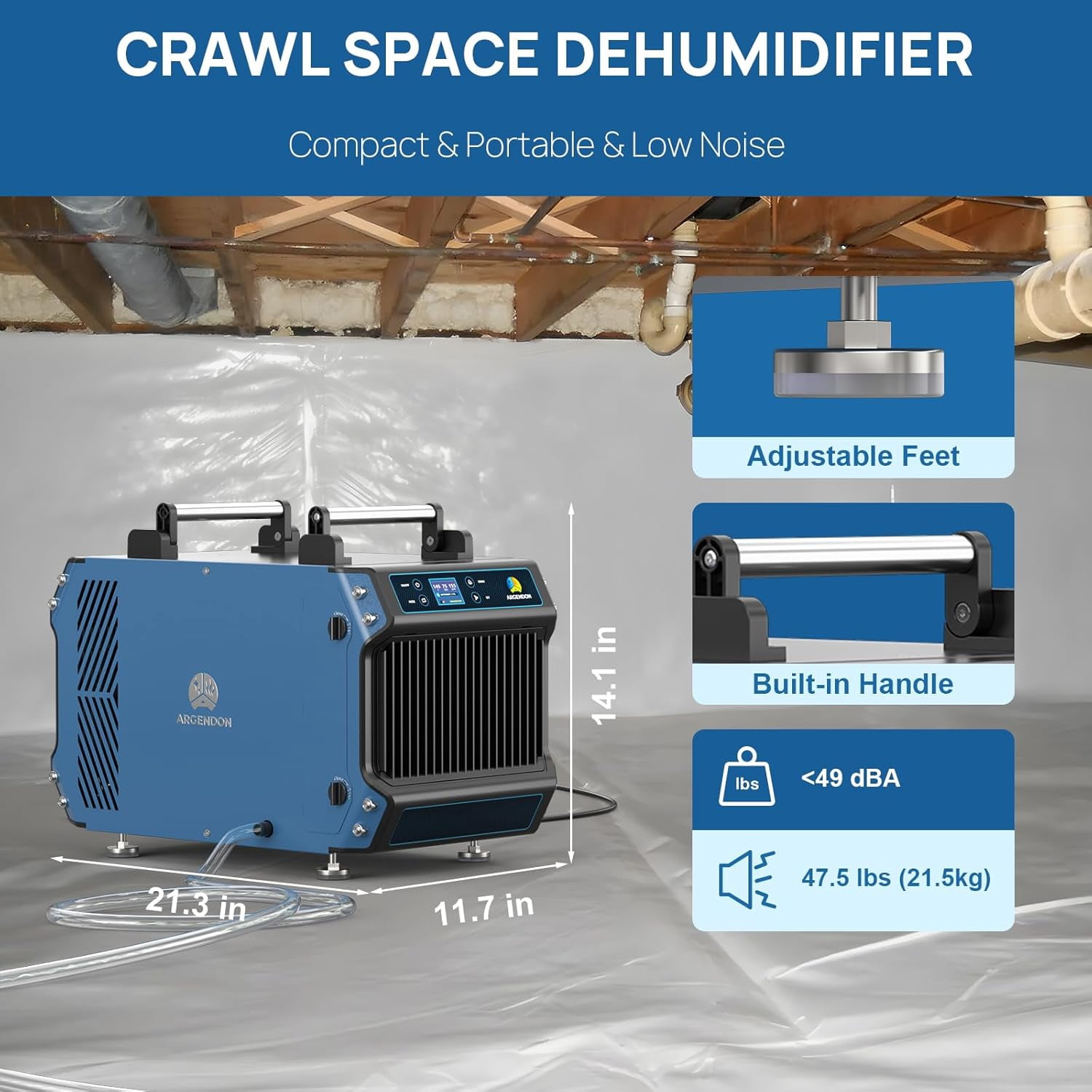ARGENDON 145 Pint Crawl Spaces Dehumidifier with Pump,  Certified Commercial Dehumidifiers with Drain Hose for Basement, Auto Defrost, Compact,  up to 1800 Sq.Ft