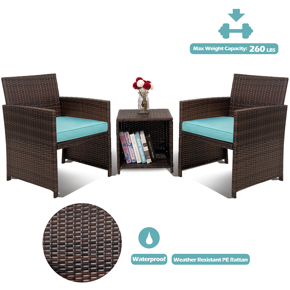 Kadyn 3 Pieces Outdoor Patio Wicker Furniture Sets, PE Rattan Chair Patio Conversation Sets with 2 Soft Cushions Single chairs and Coffee table, Rattan Conversation Set for Balcony, Teal Kadyn 3 Pieces Outdoor Patio Wicker Furniture Sets, PE Rattan Chair Patio Conversation Sets with 2 Soft Cushions Single chairs and Coffee table, Rattan Conversation Set for Balcony, Teal