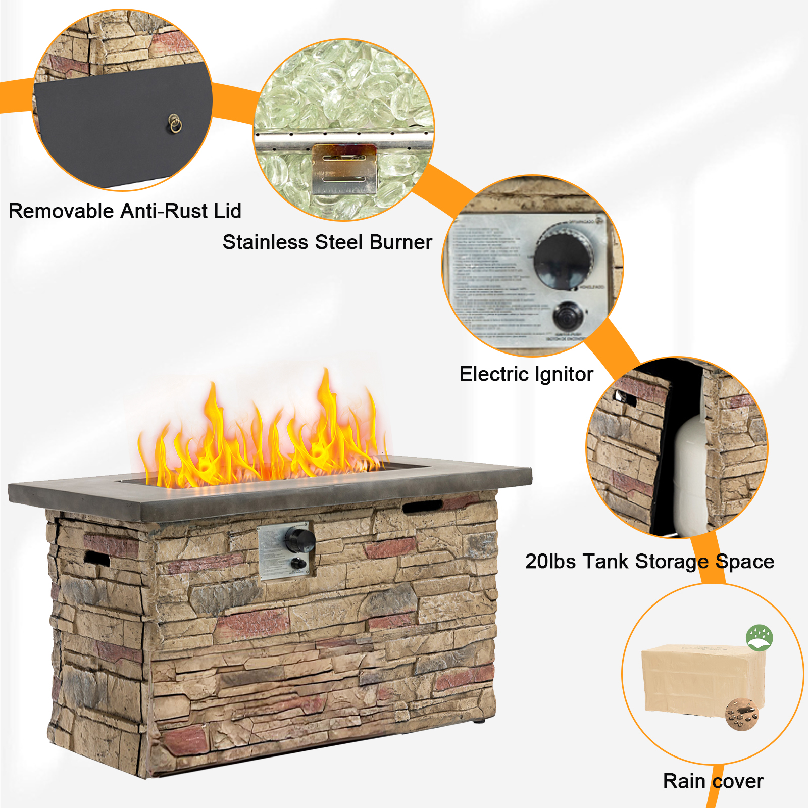 42" Propane Gas Fire Pit Table, 50000 BTU Rectangular Concrete Fire Pit for Outside Patio Deck Garden Backyard