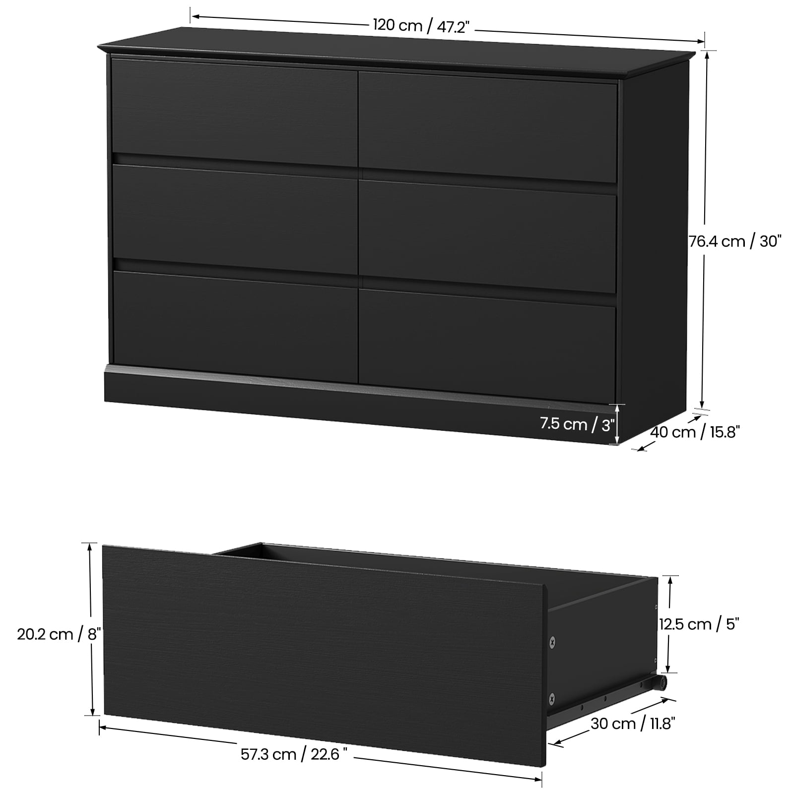 Black Dresser 6 Drawer Dresser Chests of Drawers Wood Storage Side Large Cabinet for Bedroom Closet Living Room