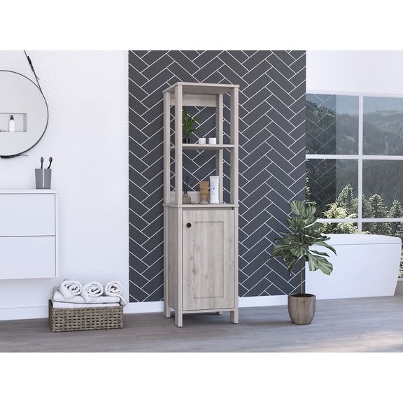 4-shelf Linen Cabinet, Grey - 2 Open & Internal Shelves, 1 Door, Made Of Manufactured Particle Board Wood For Bathroom In Attic