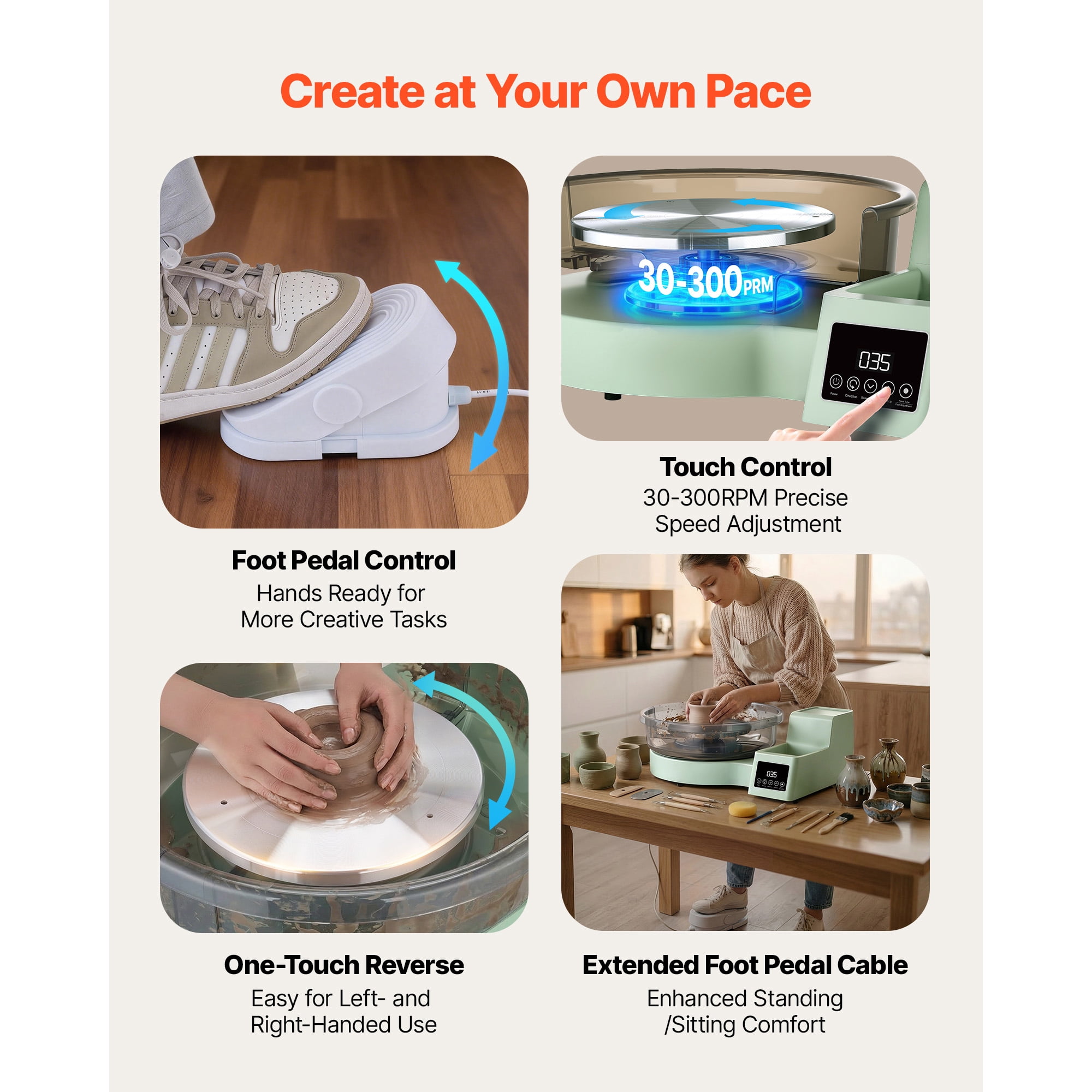 KFFKFF Electric Pottery Wheel for Adults, 14" and 11" Turntables, 450W Tabletop Ceramic Wheel with Foot Pedal, Adjustable Speed 30-300 RPM, Removable Basin, Ideal for Beginners and DIY Clay Projects