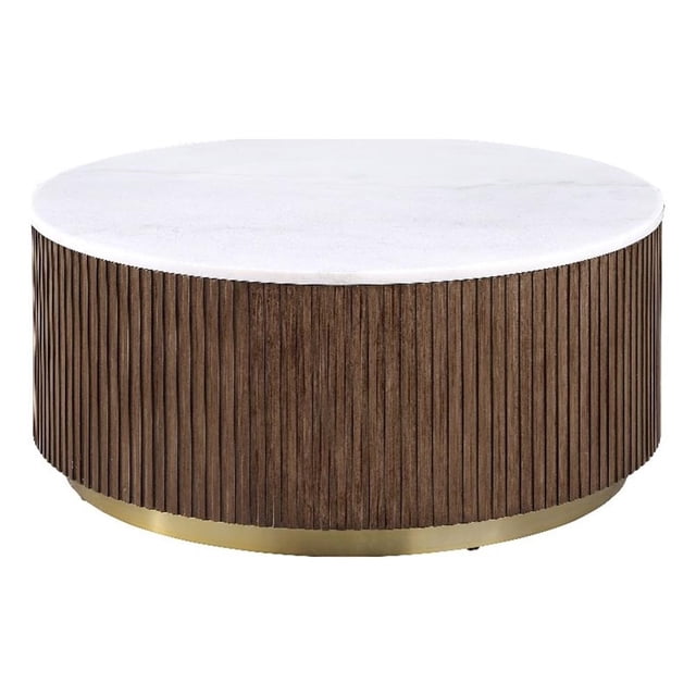 Coaster Jason Table Basse Ronde à Plateau en Marbre Blanc avec Base Tambour, Brun Miel