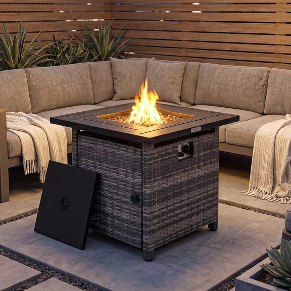 Dreischwarz 29" Propane Rattan Fire Pit Table, 50,000 BTU, Lava Rocks and PVC Cover