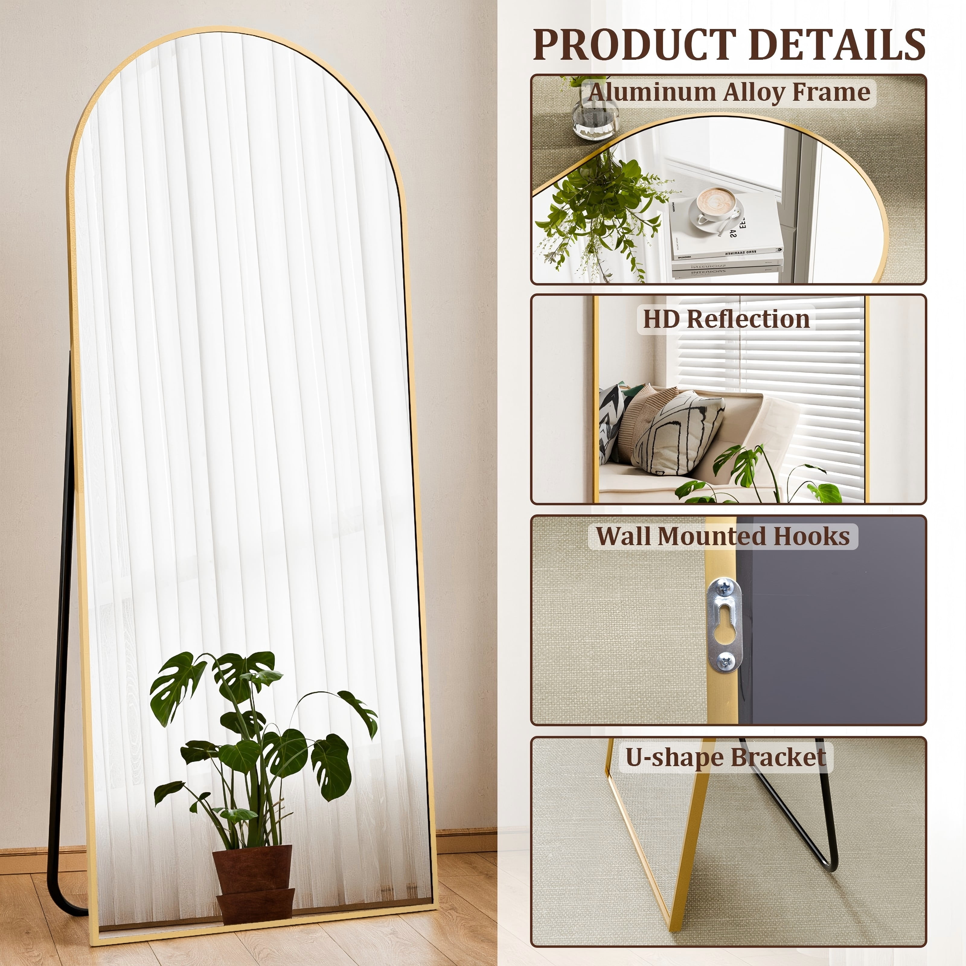 Easy4Home 68"x22" Arched Full Length Mirror with Aluminum Alloy Frame Freestanding Floor Dressing Mirror, Gold