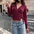 thumbnail image 6 of Admvng Women's Wrap V‑Neck Knit Sweater Long Sleeve Cropped Pullover Side Tie Knot Casual Fall Sweater, 6 of 9