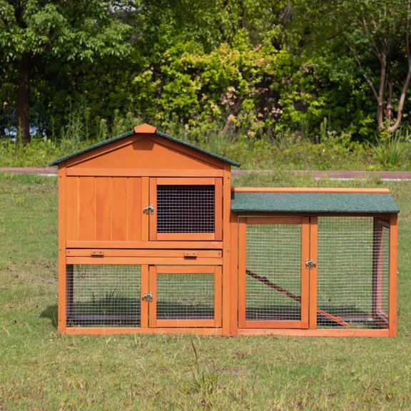 Pefilos 57" Wooden Rabbit Hutch Indoor and Outdoor Pet Bunny Cage, Bunny House a Waterproof Roof Chicken Coop, Orange