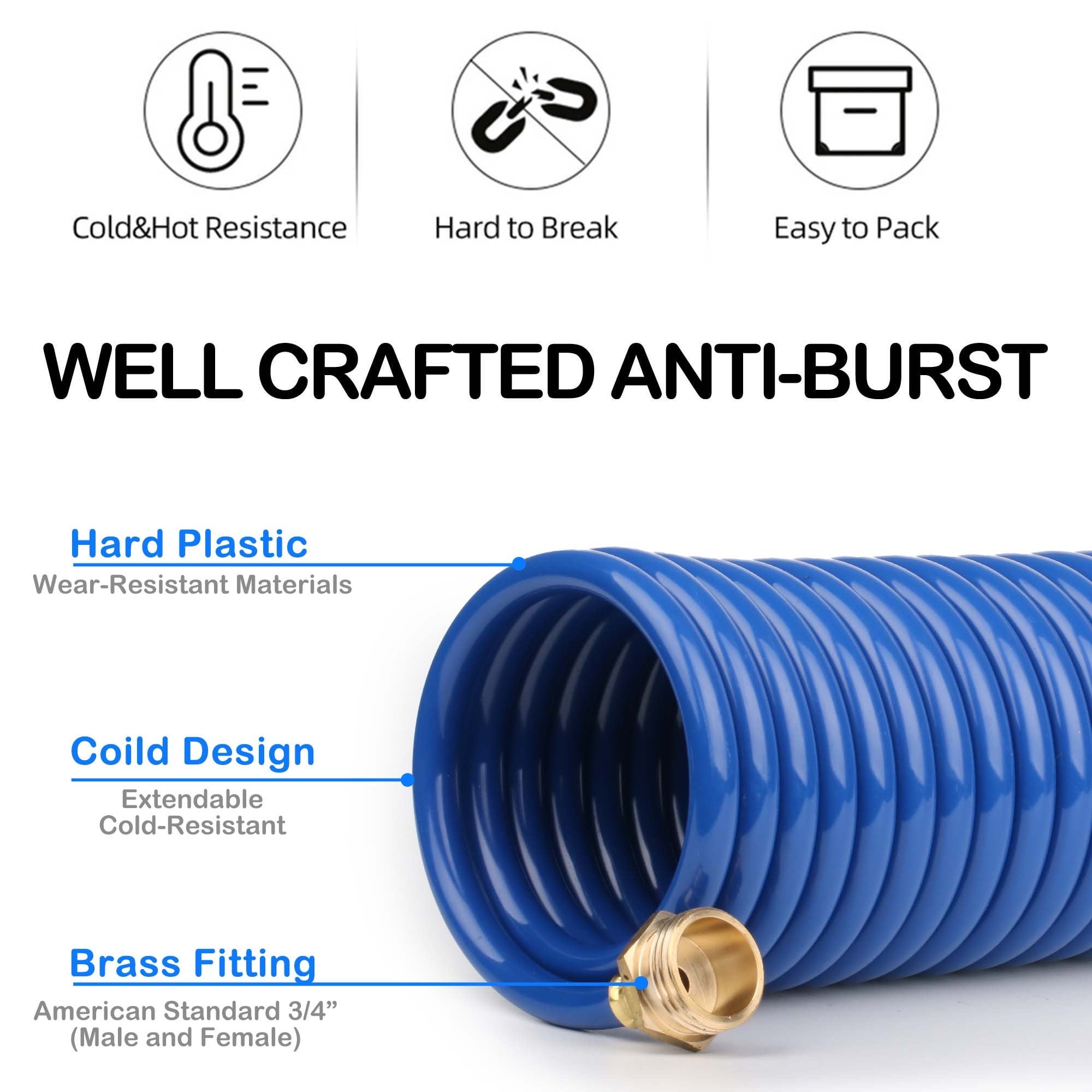 FUNJEE 1/2" Heavy-Duty EVA Coil 15 ft Garden Hose with 1/2" GHT Solid Brass Fittings, Water Hose with Brass Connectors (25FT, Blue)