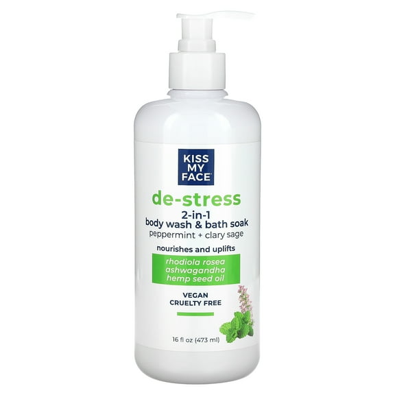 Kiss My Face De-Stress, 2-in-1 Body Wash & Bath Soak, Peppermint   Clary Sage, 16 fl oz (473 ml)