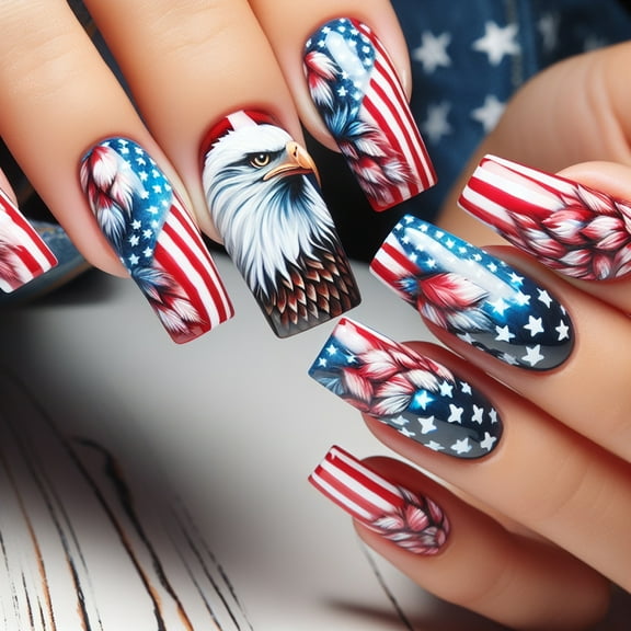 Miiottaa 24pcs Patriotic Nail Art Set With Star Designs Acrylic False Nail Press on Nail