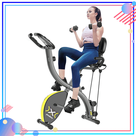 Folding Exercise Bike Magnetic Stationary Bike Upright Slim Cycle Recumbent Exercise Bike with Arm Resistance Bands Perfect for Home Use Indoor Office