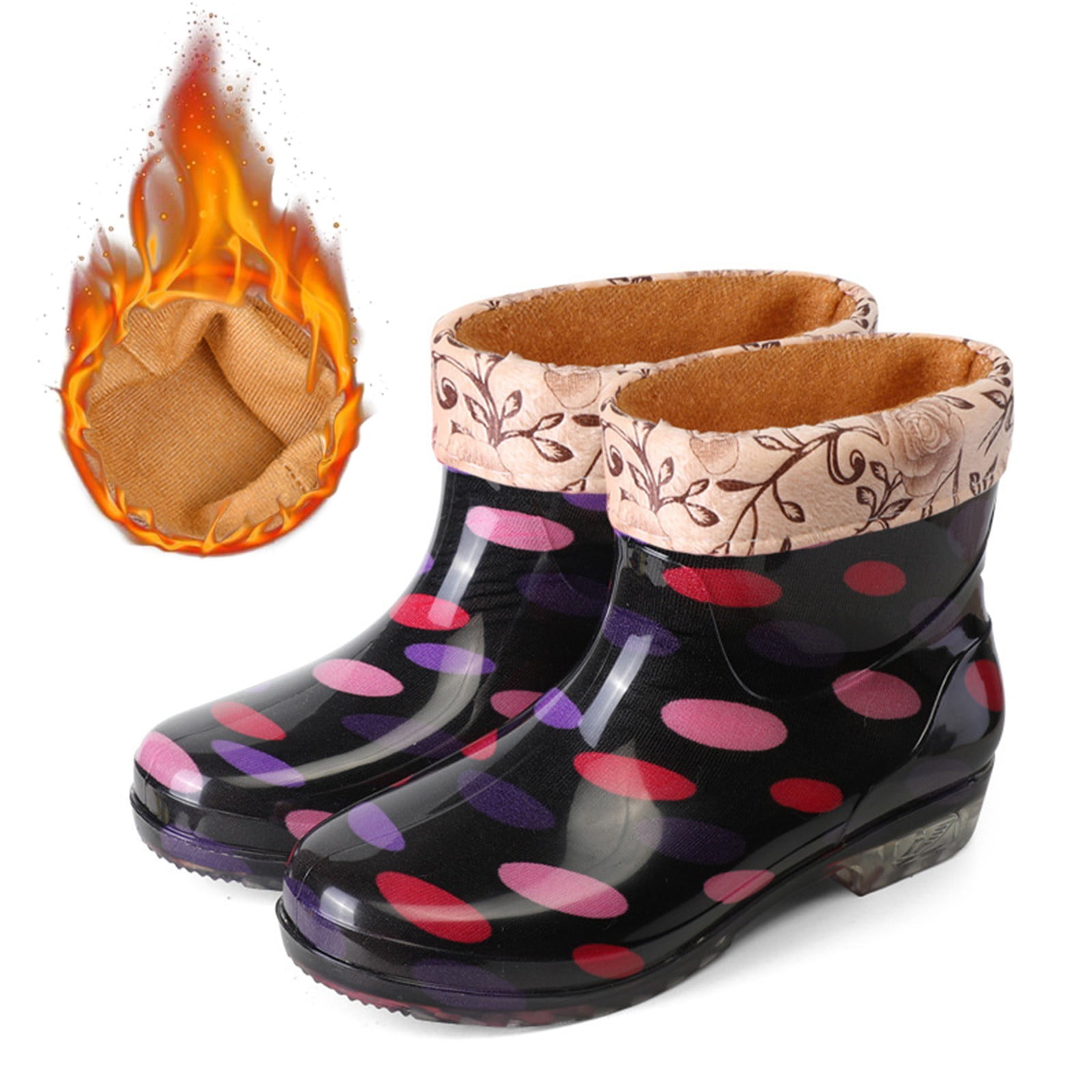 Mepaouo Ankle Rain Boots for Women Floral Fleece Lined Garden Shoes Waterproof Walking Outdoor Rainboot