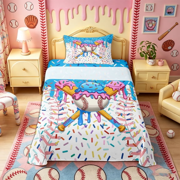 Castle Fairy Sport Baseball Print Twin Sheets 3pcs, Pink Ice Cream Drip Bedding, Light Blue Pink White,1 Fitted Sheet, 1 Flat Sheet and 1 Pillowcase