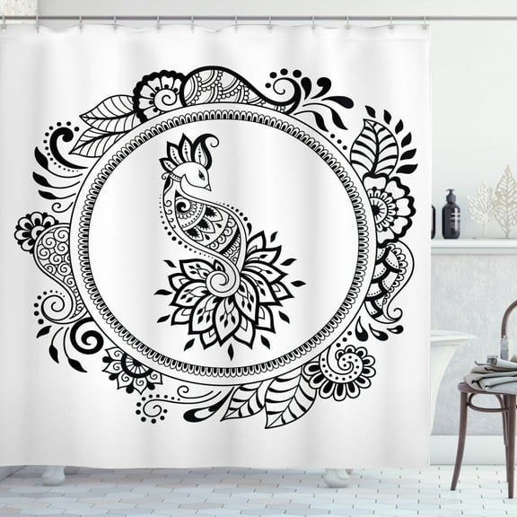 Orient Shower Curtain, Formation of a Peacock Surrounded with Flowers and Leaves, Fabric Bathroom Set with Hooks, 69W X 70L Inches, Charcoal Grey and White, by Ambesonne