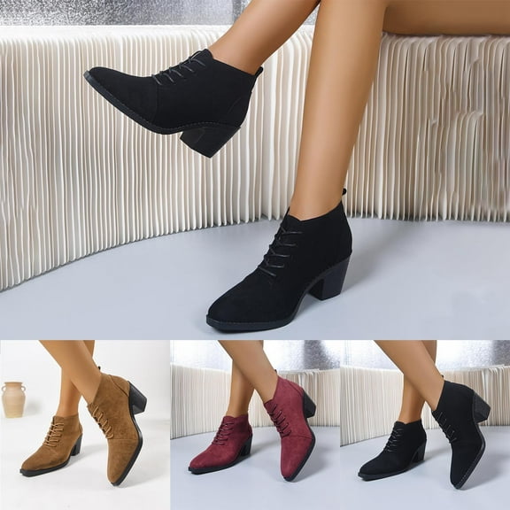 Lovzfmll Ankle Boots for Women, Round Toe Boots Front Lace Up, Chunky Mid Heel Booties Chelsea Boots Casual Fall Black Boots